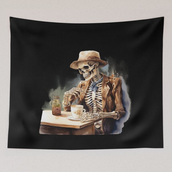 Item preview, Halloween Vintage Man Skeleton Drinking Coffee Watercolor Style designed and sold by AnnaMDesign.