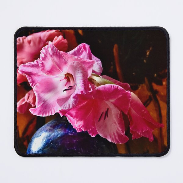 Item preview, Vibrant pink gladioli in blue vase designed and sold by keithmilligan.