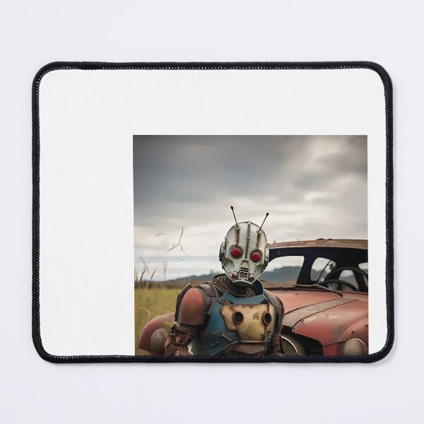 Item preview, a robot sitting on top of a rusted car in a field designed and sold by Dark Fantasy Store.
