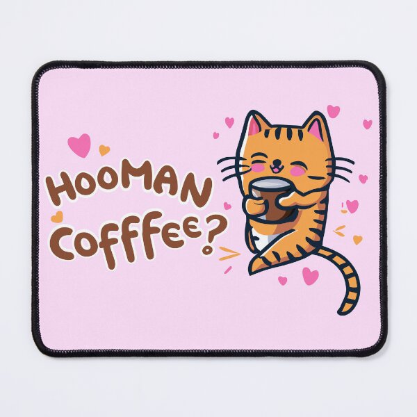 Item preview, Cute little kitten drinking coffee with word "Hooman Cofffee?" designed and sold by CooffeeeOrTeaaa.