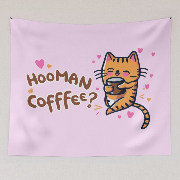 Item preview, Cute little kitten drinking coffee with word "Hooman Cofffee?" designed and sold by CooffeeeOrTeaaa.