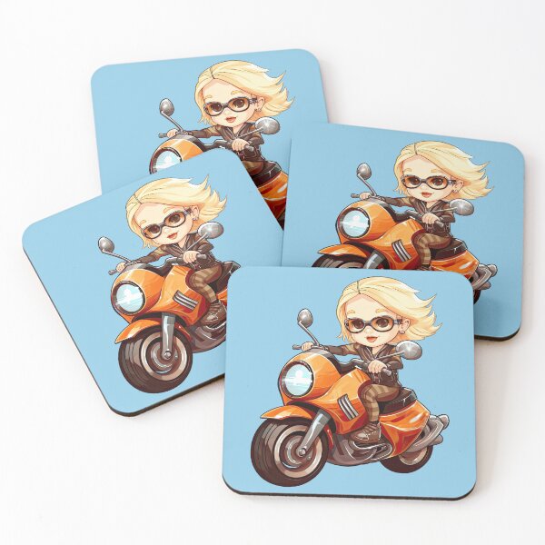 Item preview, Teenage Girl Riding an Orange Motorcycle  (light blue background) designed and sold by TheTrendsDesk.