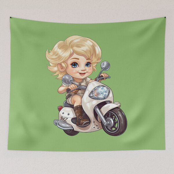 Item preview, Teenage Girl Riding an Orange Motorcycle  (green background) designed and sold by TheTrendsDesk.