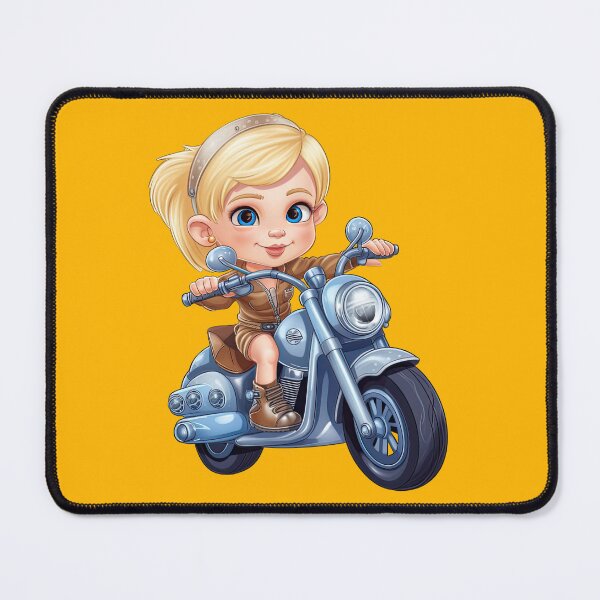 Item preview, Teenage Girl Riding a Blue Motorcycle (yellow background) designed and sold by TheTrendsDesk.