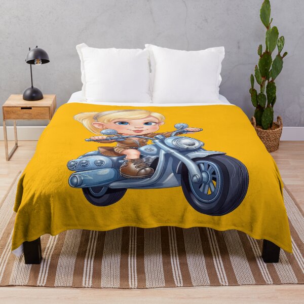 Item preview, Teenage Girl Riding a Blue Motorcycle (yellow background) designed and sold by TheTrendsDesk.