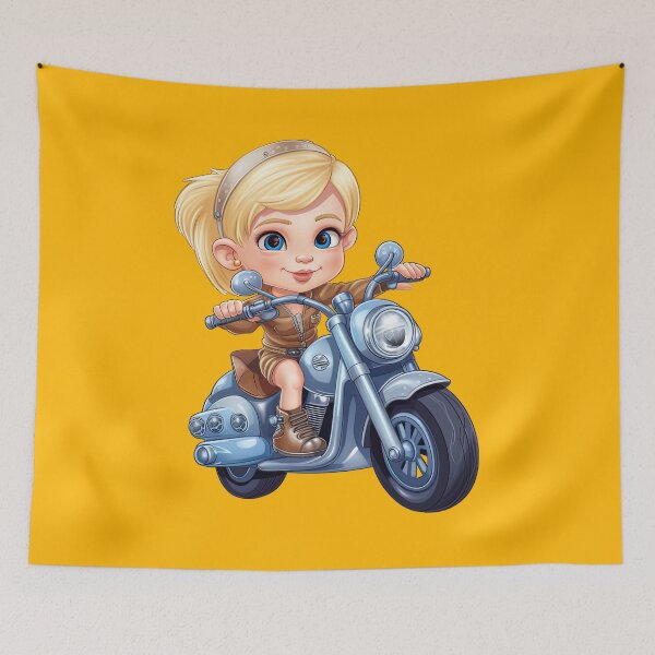 Item preview, Teenage Girl Riding a Blue Motorcycle  (yellow background) designed and sold by TheTrendsDesk.