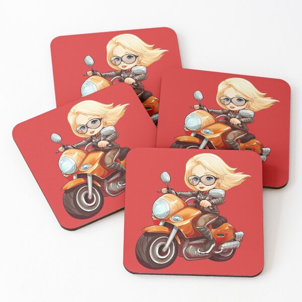 Item preview, Teenage Girl Riding a Blue Motorcycle  (red background) designed and sold by TheTrendsDesk.