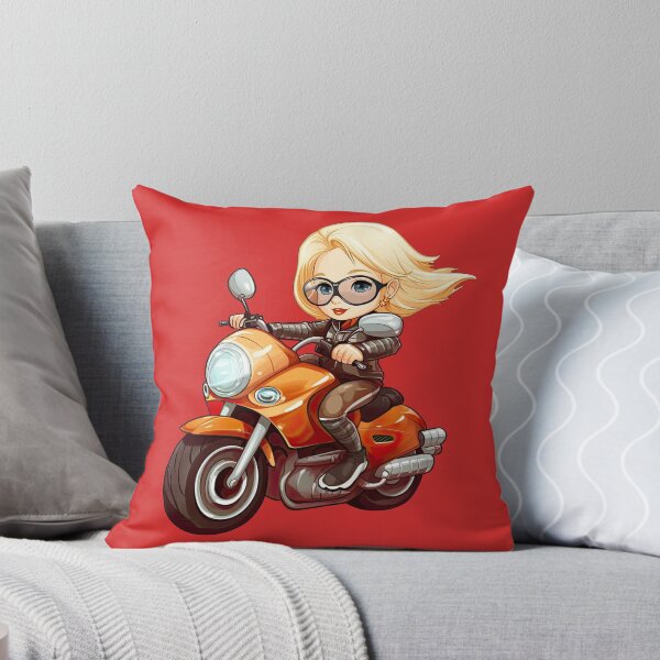 Item preview, Teenage Girl Riding a Blue Motorcycle  (red background) designed and sold by TheTrendsDesk.