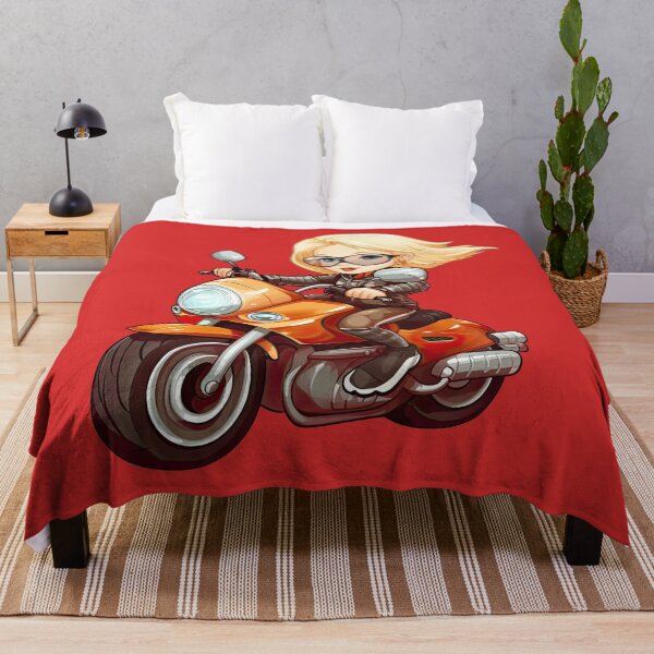 Item preview, Teenage Girl Riding a Blue Motorcycle (red background) designed and sold by TheTrendsDesk.