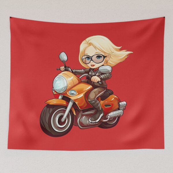 Item preview, Teenage Girl Riding a Blue Motorcycle  (red background) designed and sold by TheTrendsDesk.