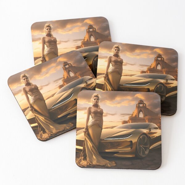 Item preview, A woman in gold standing next to an golden sports car in the style of futuristic fantasy designed and sold by AI-Only Creations.