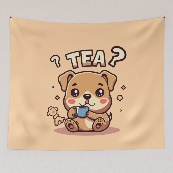 Item preview, Cute little dog drinking tea with word "Tea?" designed and sold by CooffeeeOrTeaaa.