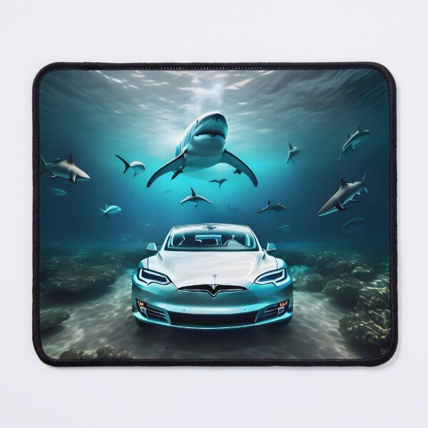 Item preview, An energy-filled and captivating illustration of a car on the bottom of the ocean surrounded by sharks in the style of photorealistic wildlife art designed and sold by AI-Only Creations.