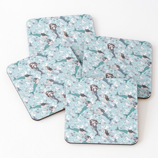 Item preview, Mermaids swimming in a light teal ocean with seashells and starfish designed and sold by MagentaRose.