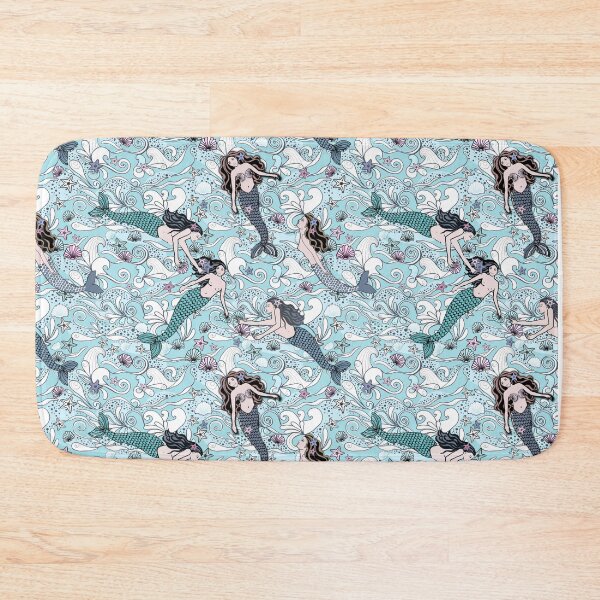 Item preview, Mermaids swimming in a light teal ocean with seashells and starfish designed and sold by MagentaRose.