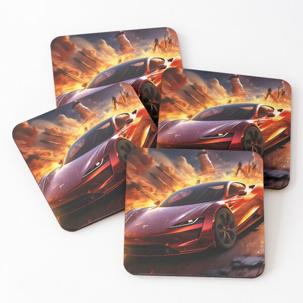 Item preview, An explosive illustration showing a red sports car in flames in the style of futuristic realism designed and sold by AI-Only Creations.