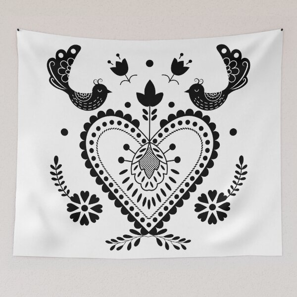 Item preview, Kalocsai folk art black heart and birds  designed and sold by Kormix.