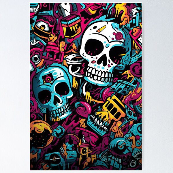 Retro Skull Graffiti Street Art Wall Art | Vintage 90s Spray Paint Pop Art  Poster Illustration