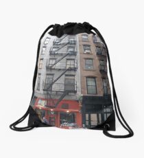 Apartment, New York, Manhattan, Brooklyn, New York City, architecture, street, building, tree, car,   Drawstring Bag