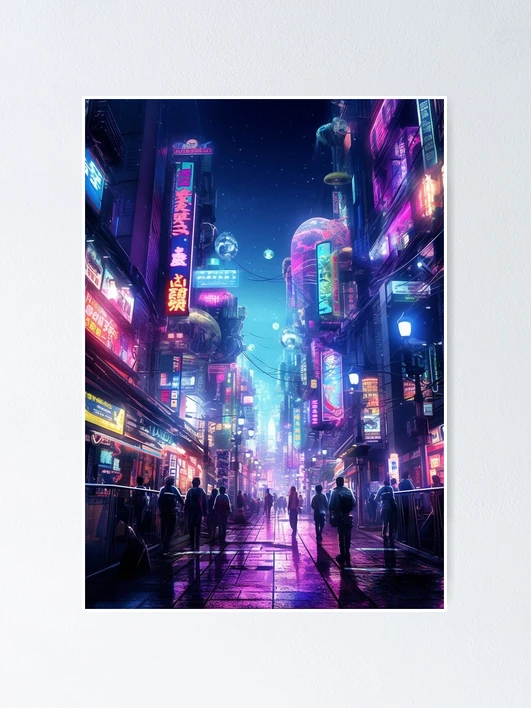 スプレーアート作品『Cyber City』A3サイズ原画 ピクセルブルーシティ - サイバーパンクの都市をピクセルで表現