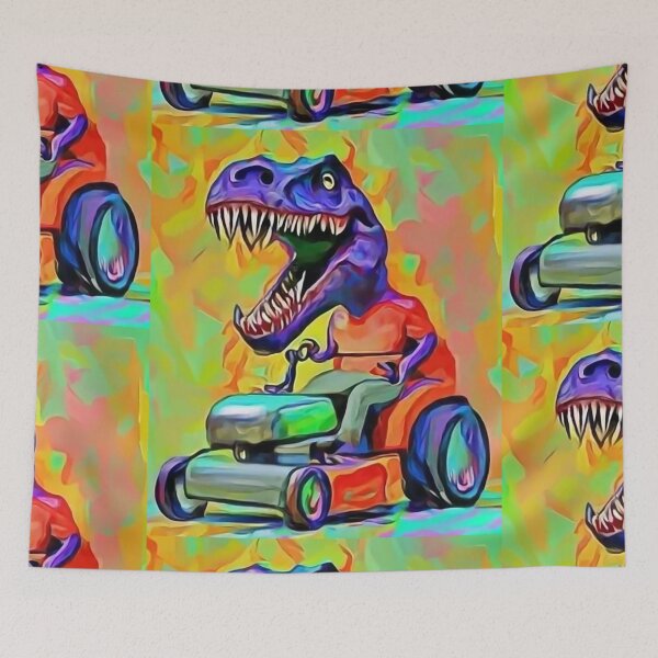 Item preview, Funny T-rex Dinosaur Riding Lawn Mower Cubism Art designed and sold by Nature's Fancy.