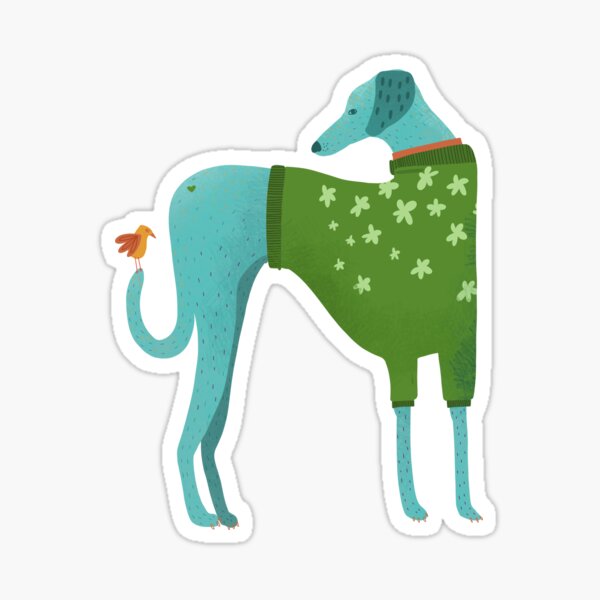 Whimiscal Blue Greyhound in a Green Flower Sweater Sticker