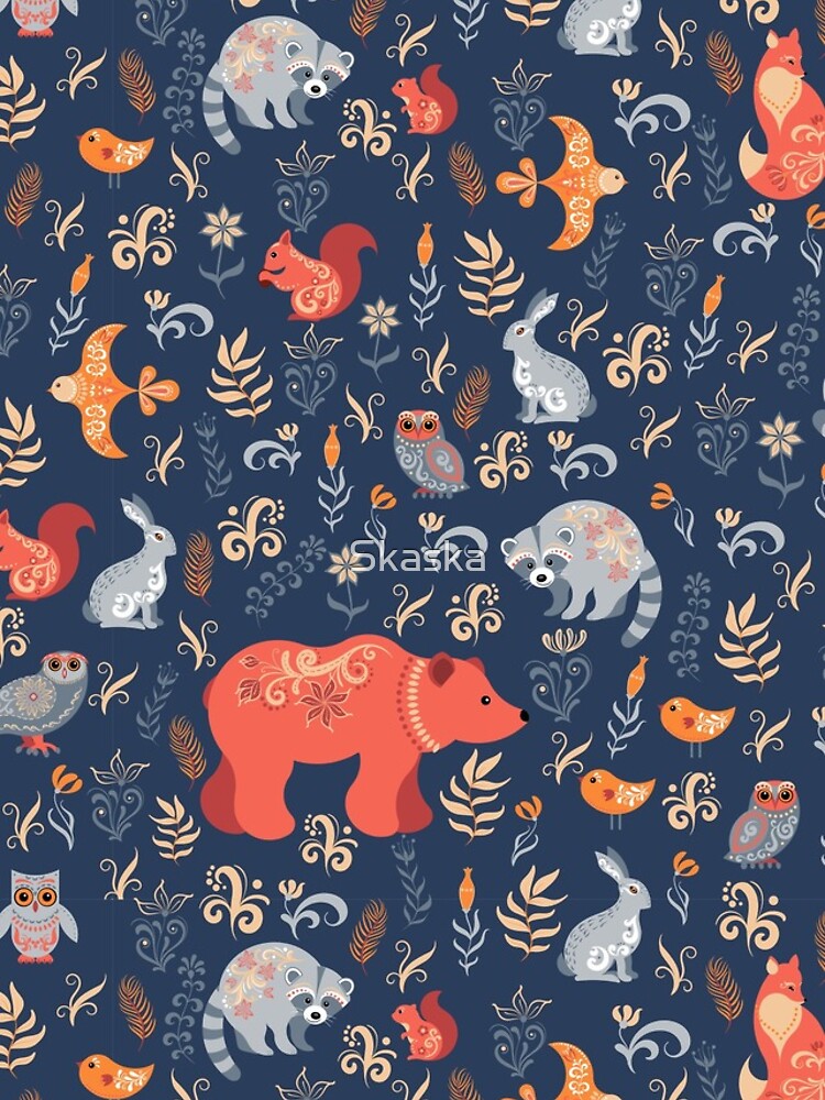Fairy-tale forest. Fox, bear, raccoon, owls, rabbits, flowers and herbs on a blue background. by Skaska