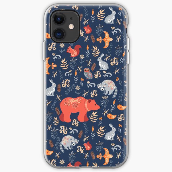 Fairy-tale forest. Fox, bear, raccoon, owls, rabbits, flowers and herbs on a blue background. iPhone Soft Case