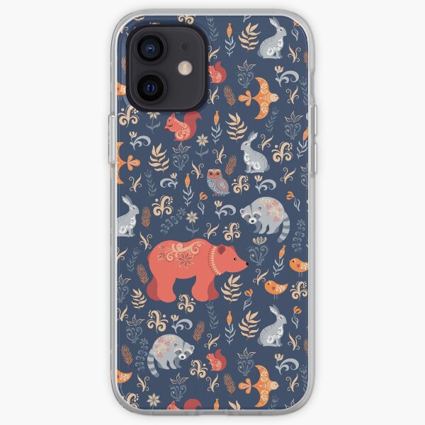 Fairy-tale forest. Fox, bear, raccoon, owls, rabbits, flowers and herbs on a blue background. iPhone Soft Case
