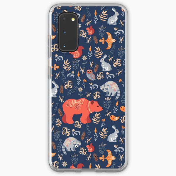 Fairy-tale forest. Fox, bear, raccoon, owls, rabbits, flowers and herbs on a blue background. Samsung Galaxy Soft Case