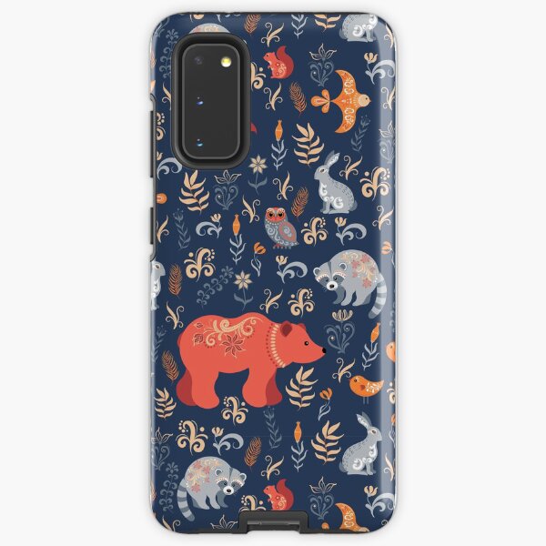Fairy-tale forest. Fox, bear, raccoon, owls, rabbits, flowers and herbs on a blue background. Samsung Galaxy Tough Case