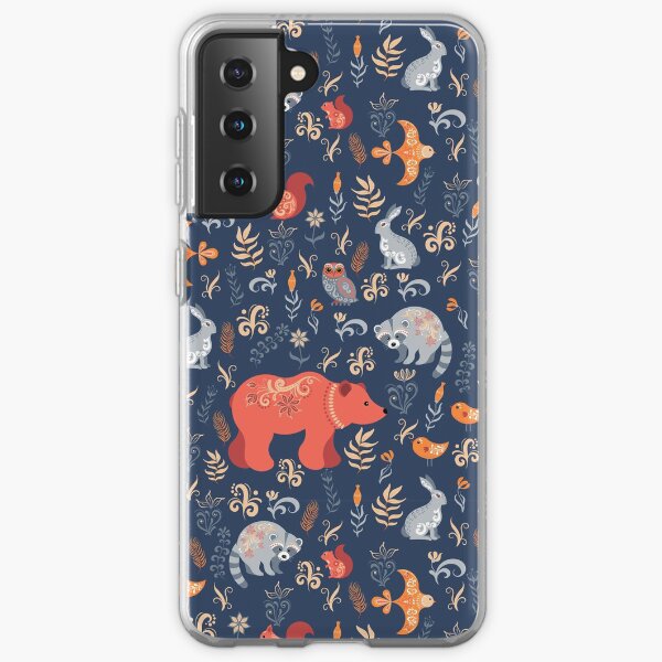 Fairy-tale forest. Fox, bear, raccoon, owls, rabbits, flowers and herbs on a blue background. Samsung Galaxy Soft Case