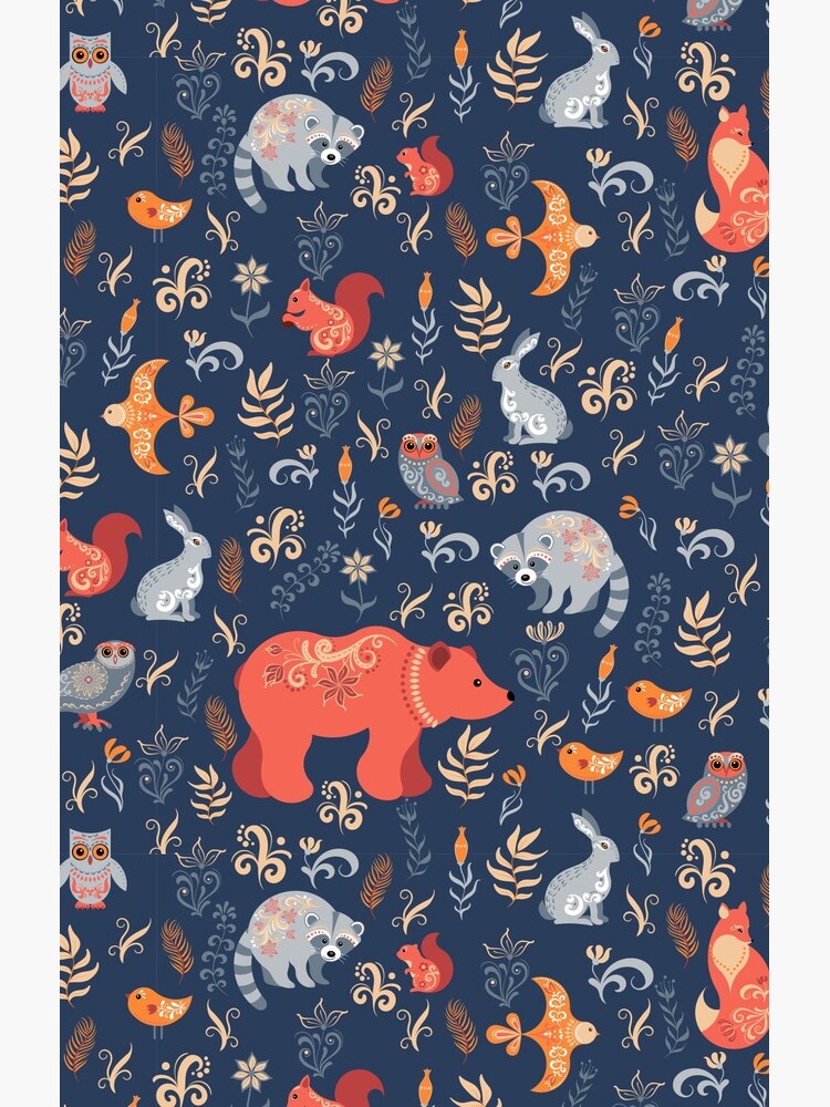 Fairy-tale forest. Fox, bear, raccoon, owls, rabbits, flowers and herbs on a blue background. by Skaska