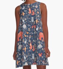 Fairy-tale forest. Fox, bear, raccoon, owls, rabbits, flowers and herbs on a blue background. A-Line Dress