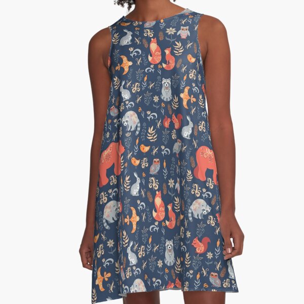 Fairy-tale forest. Fox, bear, raccoon, owls, rabbits, flowers and herbs on a blue background. A-Line Dress
