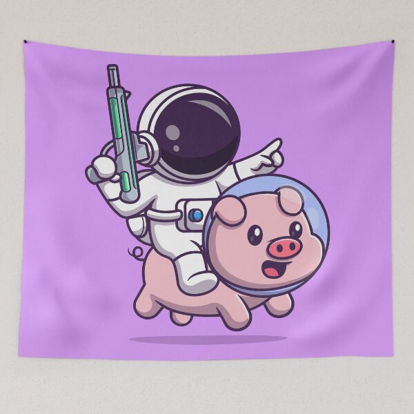 Item preview, "Interstellar Adventure: Cute Astronaut Riding Pig with Space Gun Cartoon Vector Icon Illustration designed and sold by hjian8219.