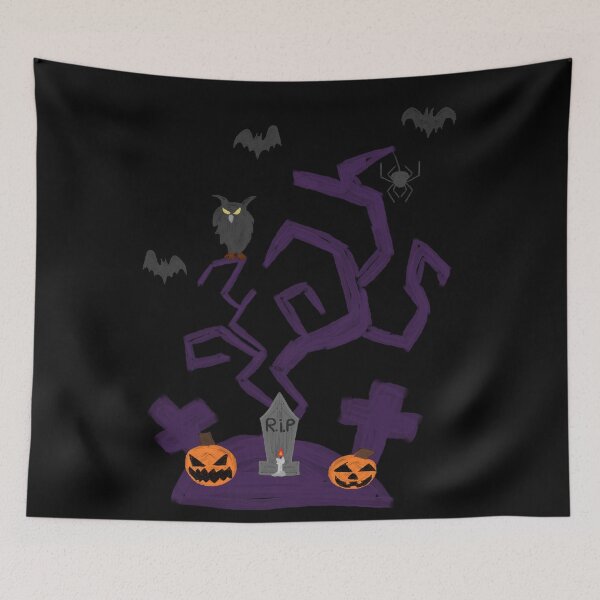 Item preview, finger painted creepy halloween tree owl bats and graveyard aint it spooky?! designed and sold by Soulfate.