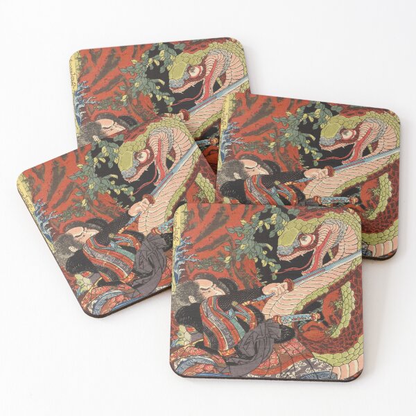 Item preview, Samurai Fighting Monstrous Snake - Vintage Japanese Ukiyoe Woodblock designed and sold by VintageSpaceArt.