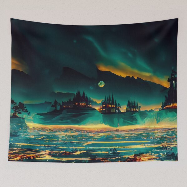 Item preview, Teal And Golden Dark Halloween Castle Middle Sea Night  designed and sold by Moonsiess.