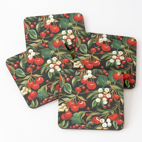 Item preview, Colorful fantasy pattern white red green black cherries fruits berries leaves designed and sold by G-M-Designs.