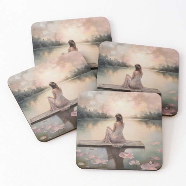 Item preview, Coquette aesthetic vintage painting of a woman by a lake designed and sold by Coquette Art.