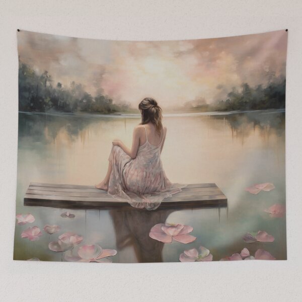 Item preview, Coquette aesthetic vintage painting of a woman by a lake designed and sold by Coquette Art.