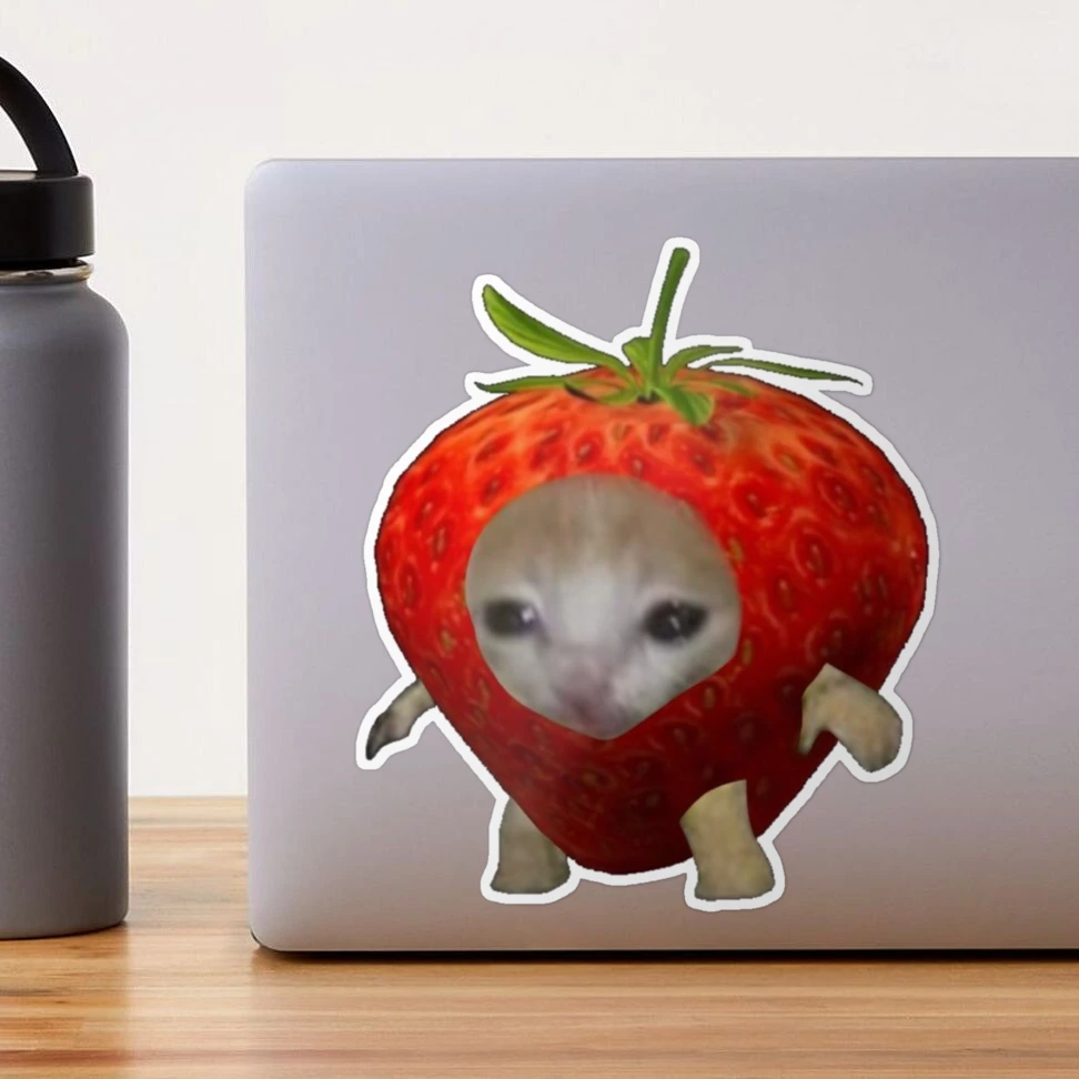 Cute Strawberry Cat Sticker, Silly Fruit Kitty Sticker Gift for