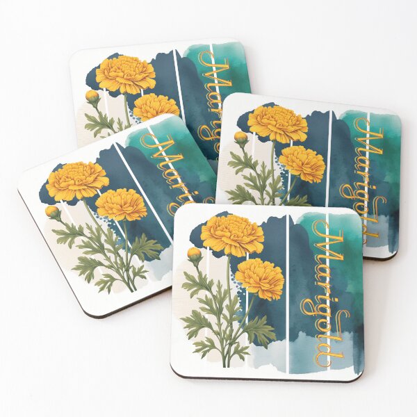 Item preview, A beautiful design with a vintage Marigold flower and intricate text.  Background with watercolor art designed and sold by Vindbult.