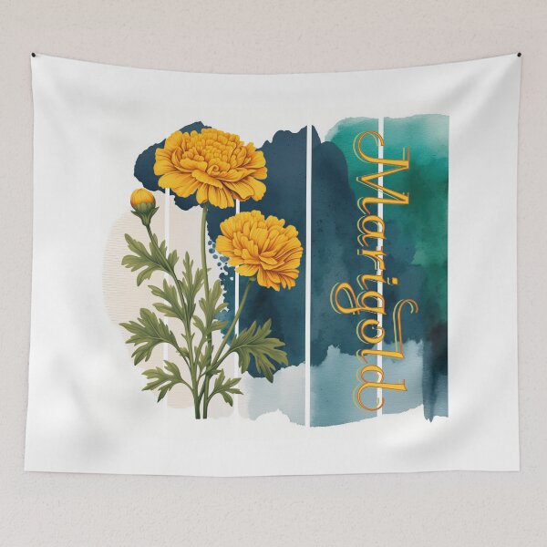 Item preview, A beautiful design with a vintage Marigold flower and intricate text.  Background with watercolor art designed and sold by Vindbult.