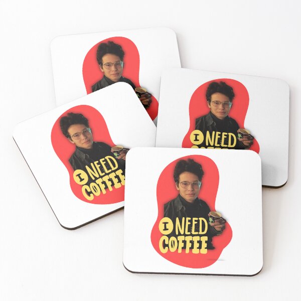Item preview, Sticker I need coffee of a guy with glasses and big hair holding a coffee alien paper cup and wearing a black jacket with turtle neck in a red background designed and sold by DLGstudio.