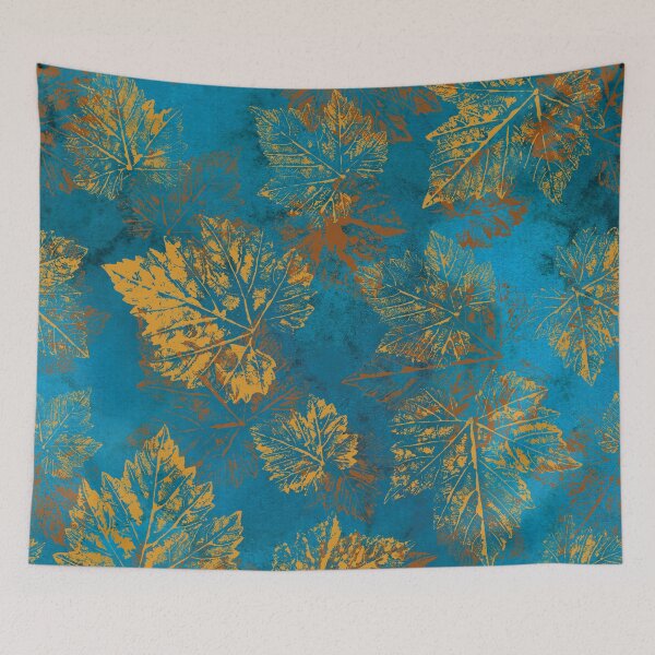 Item preview, Yellow fall leaves imprints on vibrant blue background. Gold Maple leaves. Golden autumn pattern. designed and sold by likapix.