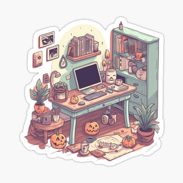 Aperçu de l'œuvre Configuration de bureau mignonne et effrayante créée et vendue par Cozy Nerdy Things.