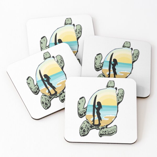 Artikelvorschau, Surfer-Mädchen-Sonnenuntergang-Schildkröten-Strand entworfen und verkauft von Redmanrooster.