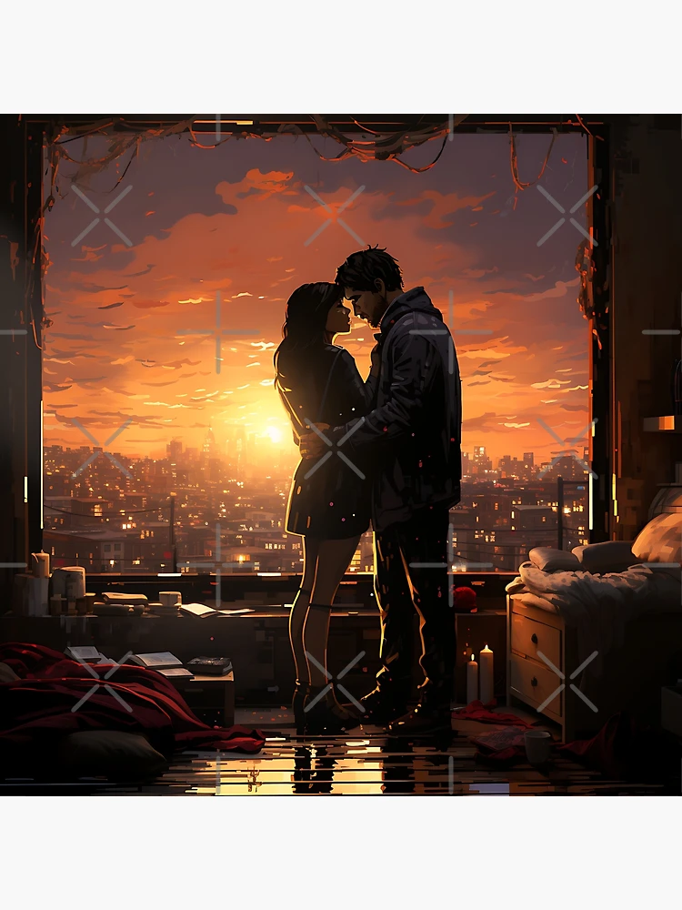 Download Anime Couple Kiss During Beautiful Sunset Wallpaper